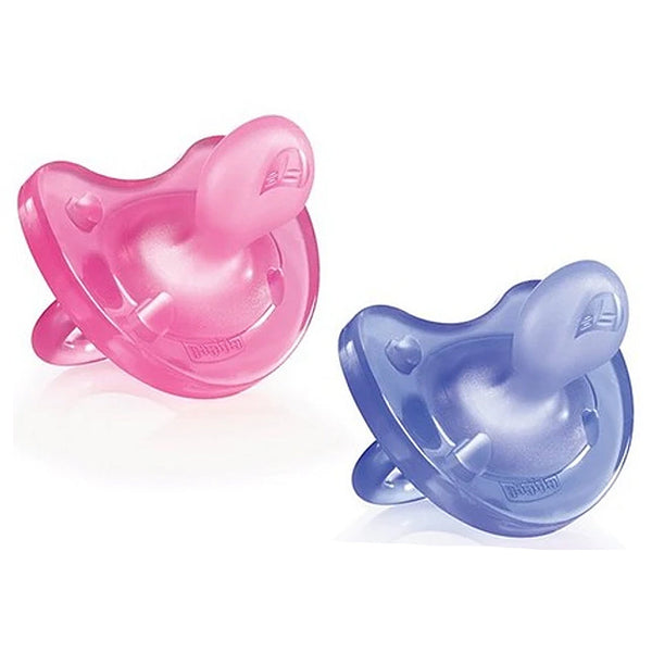 duas chupetas Chicco Physio Soft Silicone nas cores roxo e rosa para bebês de 6 a 16 meses.