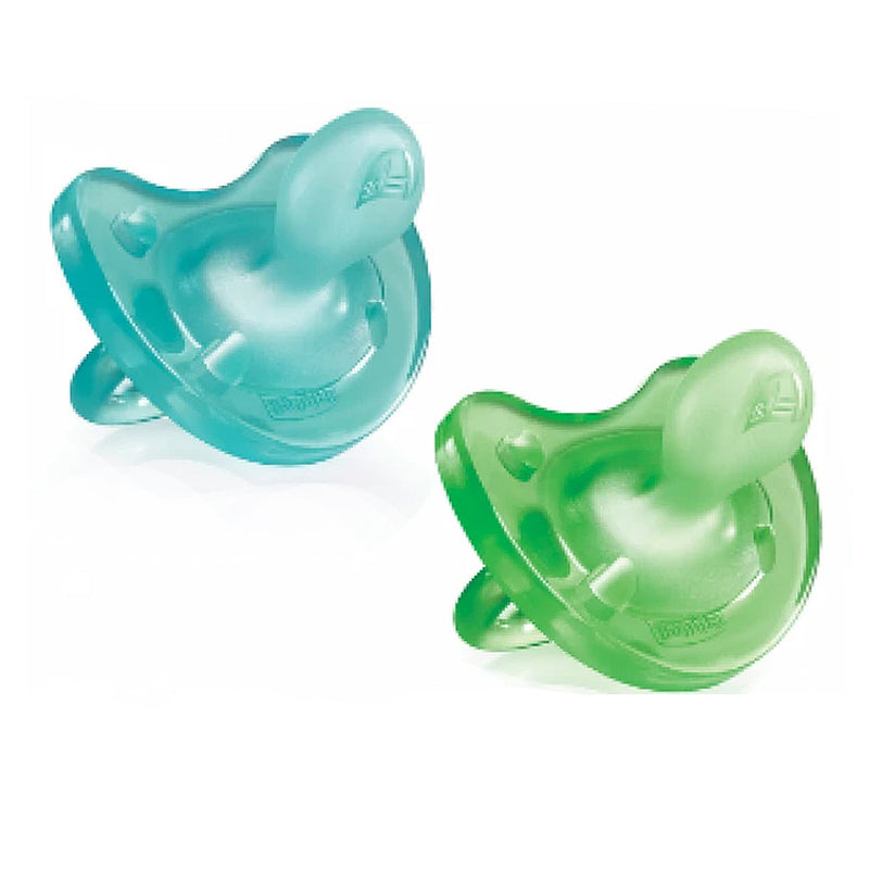 Conjunto de 2 chupetas Chicco Physio Soft Silicone para bebês de 6 a 12 meses, uma azul e outra verde
